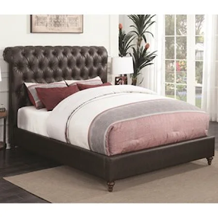 Queen Bed with Scrolled, Button Tufted Headboard